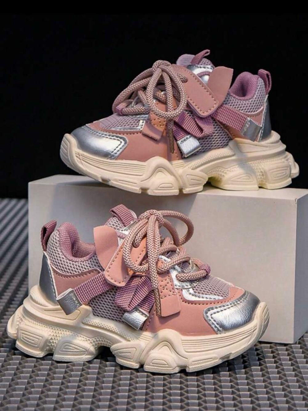Kids Pink Chunky Athletic Sneakers with Silver Accents